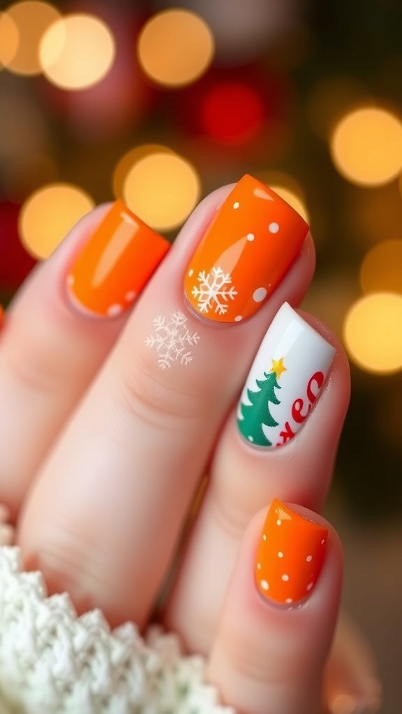 Short orange Christmas nails with festive designs, displayed against a holiday-themed background.